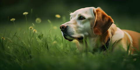 Labrador dog laying in the grass on summer day with blurred background.