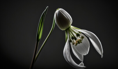  a white flower with a green stem on a black background with a black background and a white flower with a green stem on a black background with a black background.  generative ai