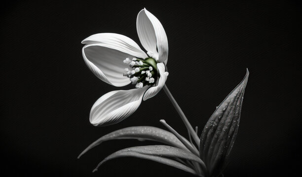  a black and white photo of a flower with water droplets on it's petals and a green stem in the middle of the picture.  generative ai