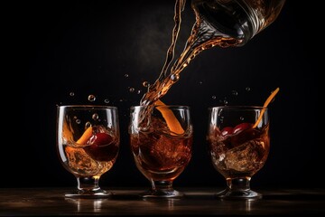 Fototapeta na wymiar Three bourbon Manhattan cocktail drinks splashing on dark background. Generative AI
