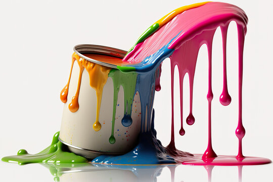Paint can splash on white background. Paint can splashing RGB colors printing concept image. 3D colorful paint splashing out of can. 3D realistic illustration. Creative AI