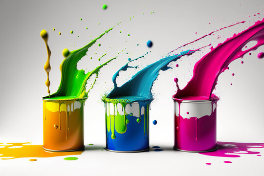 Paint cans splashes on white background. Paint cans splashing RGB colors printing concept image. 3D colorful paint splashing out of cans. 3D realistic illustration. Creative AI