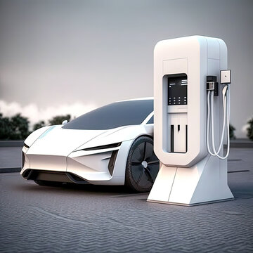 EV Car or Electric vehicle at charging station. Eco-friendly sustainable energy concept. Made with Generative AI