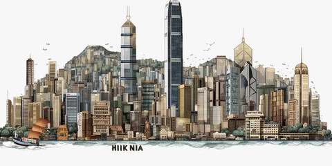 clipart traveling Hong Kong city Generative AI - obrazy, fototapety, plakaty