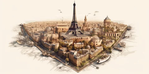 Fotobehang Aquarelschilderij wolkenkrabber clipart traveling paris city Generative AI