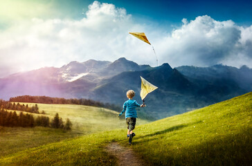Obraz premium A child holding a kite, running with it, trying to make it fly high up in the mountains. Illustration created with generative AI tools.
