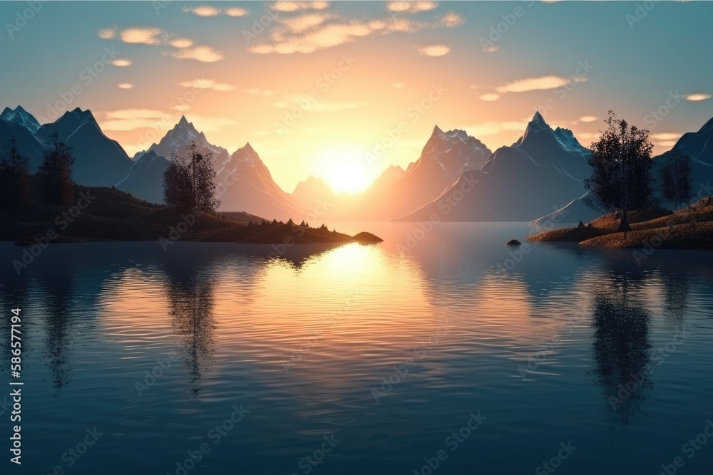 Poster serene mountain lake at sunset with vibrant colors in the sky. generative ai