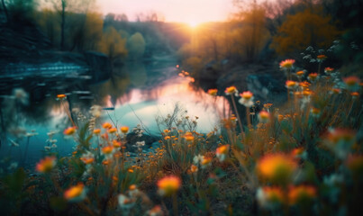  a river with flowers in the foreground and a bridge in the background in the background is a body of water with a body of water in the foreground.  generative ai