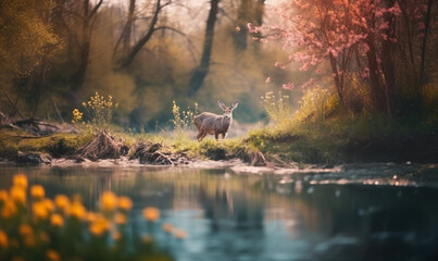 a deer is standing in the middle of a forest by a river with yellow flowers in the foreground and trees in the background, and a pond in the foreground.  generative ai