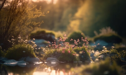  a small pond surrounded by grass and flowers in a park area at sunset or sunrise or sunset, with the sun shining on the water.  generative ai