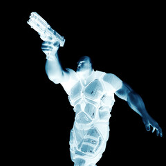 Fototapeta na wymiar super soldier is holding up a pistol in anger