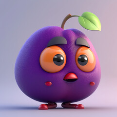 Naklejka premium 3D cute plum fruit cartoon character. 3D rendering funny kawaii plum fruit illustration. Realistic 3D illustration. Creative AI