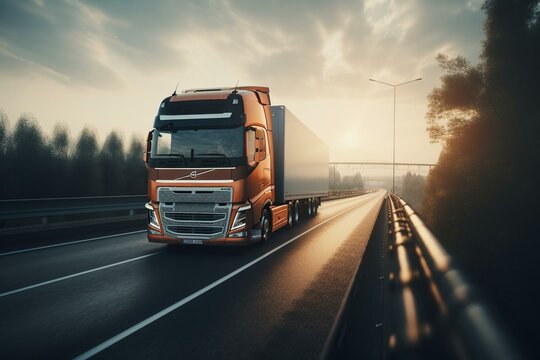 Modern european truck run in highway, illustration ai generative. Generative AI
