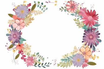  a wreath of flowers with leaves and flowers around it, on a white background, with a place for the text in the center of the wreath.  generative ai