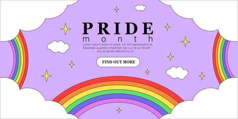 Lgbt pride month day festival banner, landing page, greeting post card, placard, flyer or poster. Lgbtq event invitation with rainbow and clouds on purple background in trendy outline cartoon style. - obrazy, fototapety, plakaty