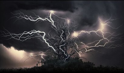 Naklejka na ściany i meble a tree with a lot of lightning in the sky above it and a lot of clouds in the sky above it and a lot of lightning in the sky above it. generative ai