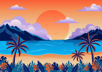 Fototapeta na wymiar Beach Sunset View Wallpaper Vector Illustration