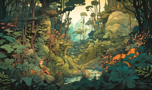  a painting of a forest scene with a bird in the foreground and a river running through the middle of the forest, with trees and bushes and plants in the background.  generative ai