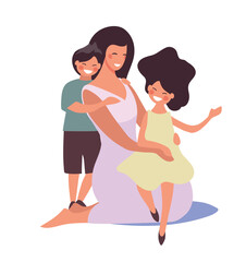 Mother hugging with son and daughter, happy family with children, woman with boy and girl, mother s day flat illustration. Flat cartoon vector isolated on white background.