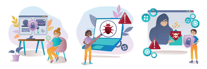 Cyber security concept. Personal data protection, antivirus, data stealing malware. Set of illustrations in cartoon style. Vector illustration set.