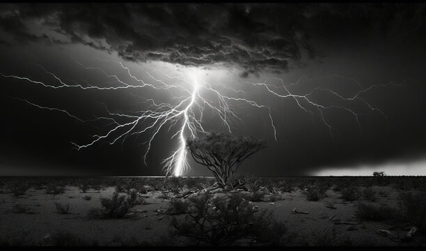  a black and white photo of a lightning storm in the desert with a tree in the foreground and a dark sky in the background.  generative ai