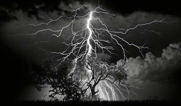  a black and white photo of a lightning bolt in the sky over a tree and a field with grass and trees in the foreground.  generative ai