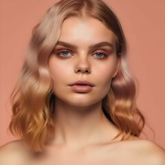 Fototapeta premium beautiful bronzed blonde woman with background copy space, made with generative ai