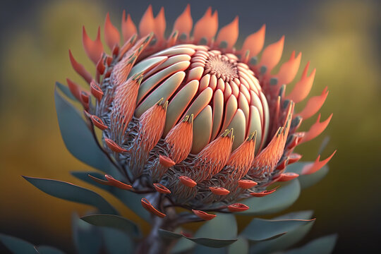 Close up of protea. Beautiful protea flower on a blurry background. A macro shot of a blooming flower with intricate details and patterns. 3D realistic illustration. Creative AI