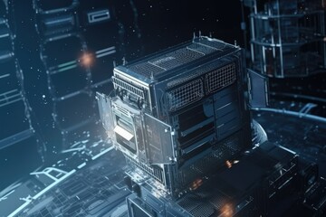 Fototapeta premium modern computer tower standing tall amidst a bustling futuristic cityscape. Generative AI
