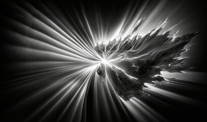  a black and white photo of a flower in the middle of a dark room with light streaming through it and a black background with a white center.  generative ai