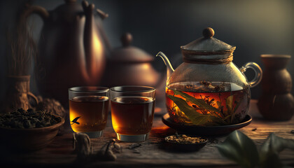 Close up hot tasty black tea, traditional breakfast drink. Dark indoor background. AI generative image.