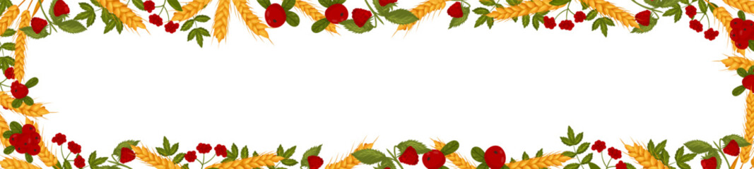  Spring horizontal frame with raspberry cranberries and wheat branches. Summer vector banner