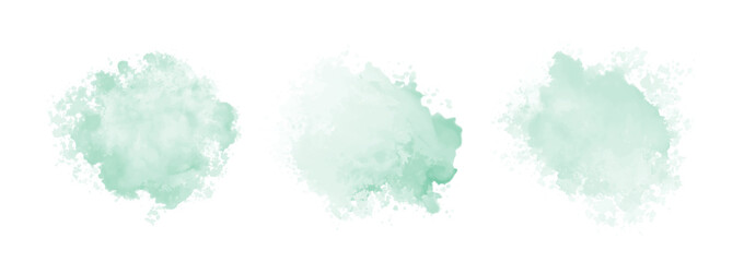 Set of abstract mint green watercolor water splash on a white background. Vector watercolour texture in mint color. Ink paint brush stain. Green splatter spot. Watercolor pastel splash