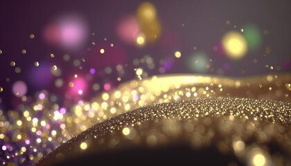 Beautiful abstract background with pink and golden glitter particles. Shiny sparks and bokeh effect. AI generative image.