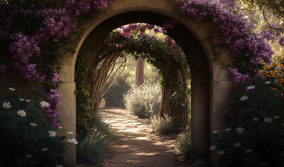 Fototapeta premium an archway with flowers growing on it and a pathway leading to the entrance to a garden with purple and white flowers on either side of it. generative ai
