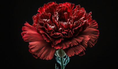  a large red flower is in a vase on a black background with a green stem and a green stem in the center of the flower.  generative ai