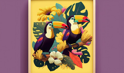  a picture of two toucans on a branch with tropical leaves and flowers on a yellow background with a purple wall and a yellow frame.  generative ai