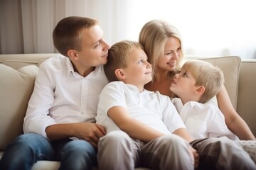 Obraz premium Happy family portrait. Father mother and children together. Generative AI