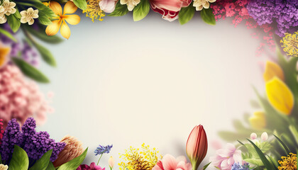 Naklejka na ściany i meble Springtime flower border frame with copy space in the middle. Beautiful floral background. AI generative image.