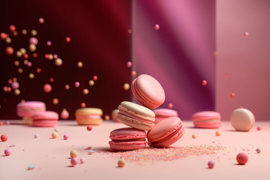 Macarrons of different colors floating on a pink background, AI Generated