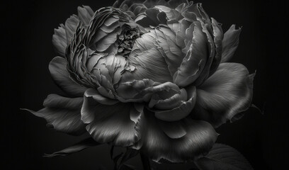  a black and white photo of a large peonie flower with a budding in the middle of the flower and a budding in the middle of the flower.  generative ai