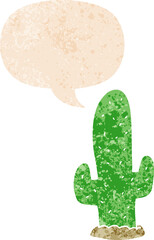 cartoon cactus and speech bubble in retro textured style