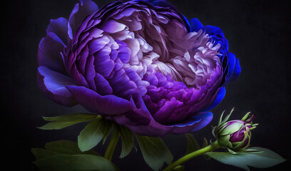 Obraz na płótnie Canvas a large purple flower with green leaves on a black background with a dark background and a green stem with a single purple flower in the center. generative ai