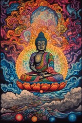 Obraz na płótnie Canvas Painting of Meditating Buddha in Colorful Cosmic Energy Theme - Spiritual Awakening - Generative Ai Illustration 