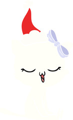 flat color illustration of a cat with bow on head wearing santa hat