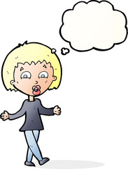 cartoon woman shrugging shoulders with thought bubble