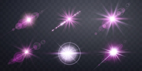 Pink lens flares set. Isolated on transparent background. Sun flash with rays or spotlight and bokeh. Pink glow flare light effect. © Elena
