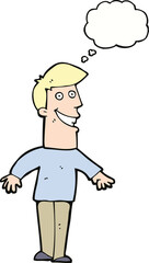 cartoon grinning man with thought bubble