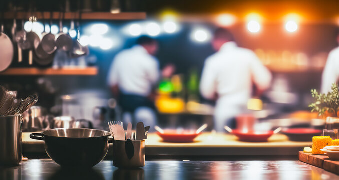 Professional restaurant kitchen with blurred cook on backdrop. Indoor background. AI generative image.