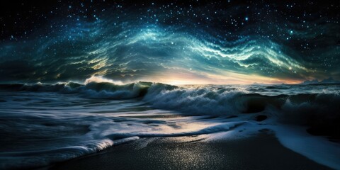 Otherworldly milky way midnight sky over deep blue sea, bright stars, vivid nebula cloud colors, peaceful twilight hour at the ocean shore- generative AI
